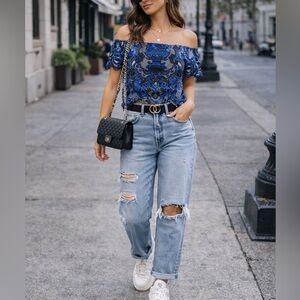 Alice and Olivia Maxie Off Shoulder Guipure Lace Short Sleeve Top Sz S